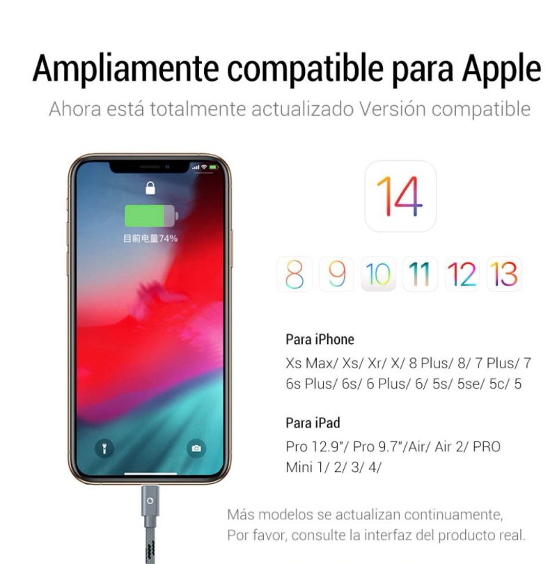 Billaresbalsalobre Cable Iphone de 2m color gris IOS 14 2.4A - Imagen 3