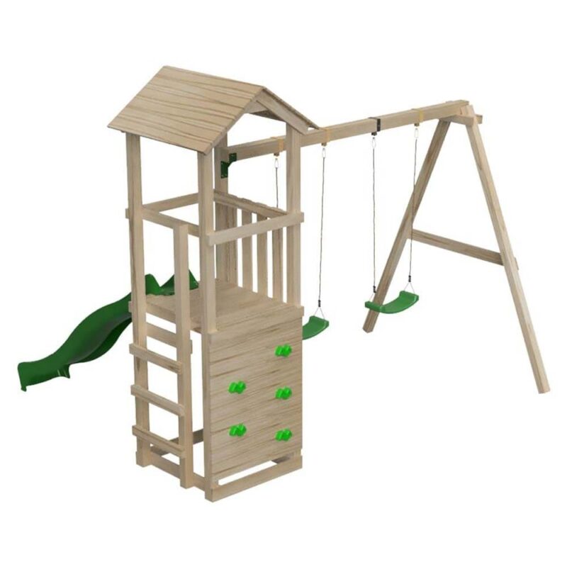 Billaresbalsalobre Parque infantil Masgames Carlit L con techo de madera con columpio doble y pared de escalada MA700268
